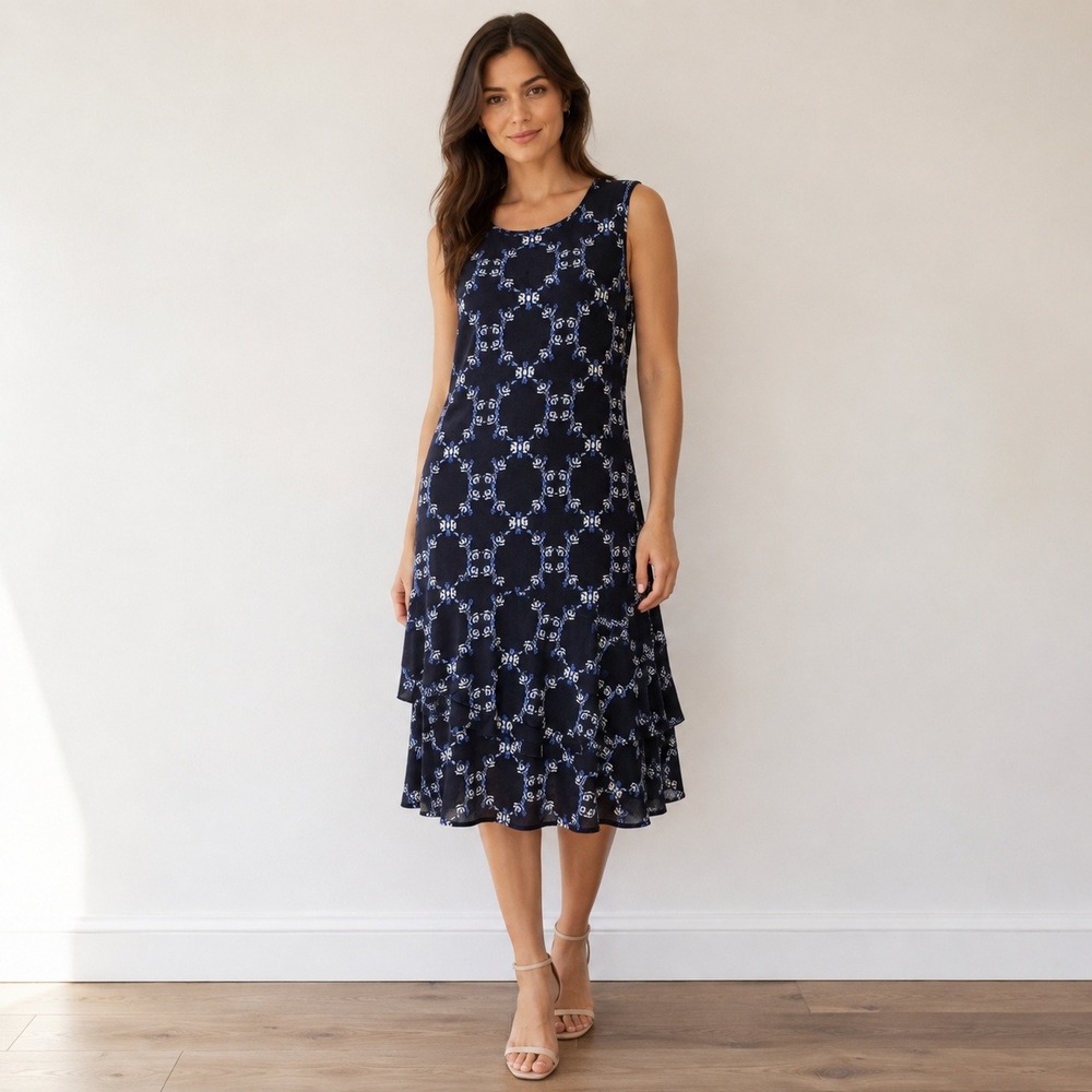 IvankaTrump Navy Floral Midi Dress Size SP Tiered Office Cocktail Ruffle Stretch